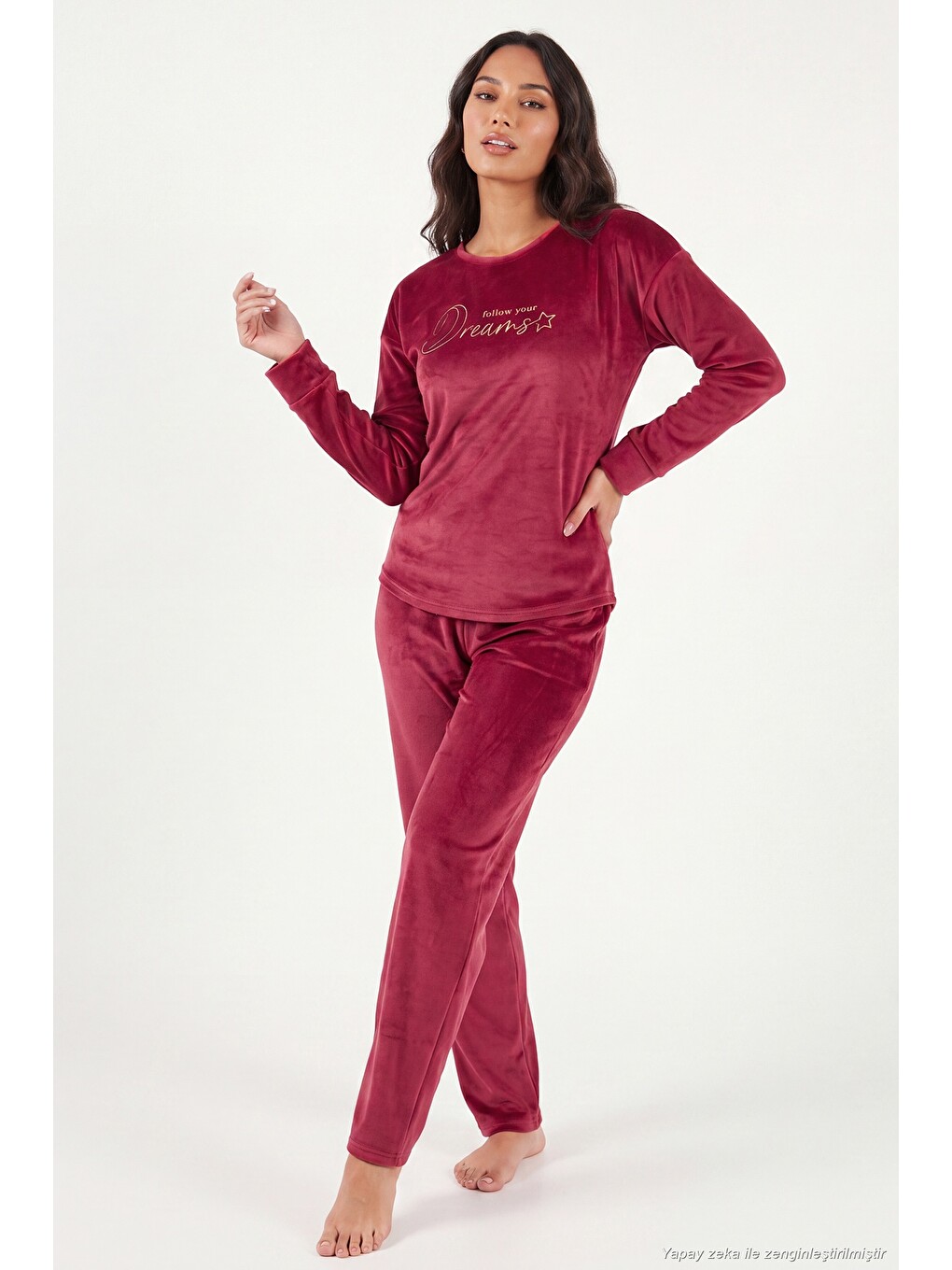 Bordo Bisiklet Yaka Yumuşak Dokulu Parlak Kadife Kadın Pijama Takımı 6094209-1