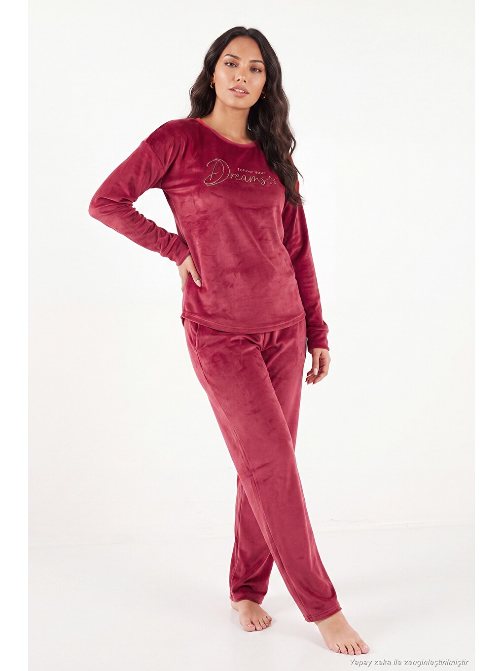 Bordo Bisiklet Yaka Yumuşak Dokulu Parlak Kadife Kadın Pijama Takımı 6094209-2