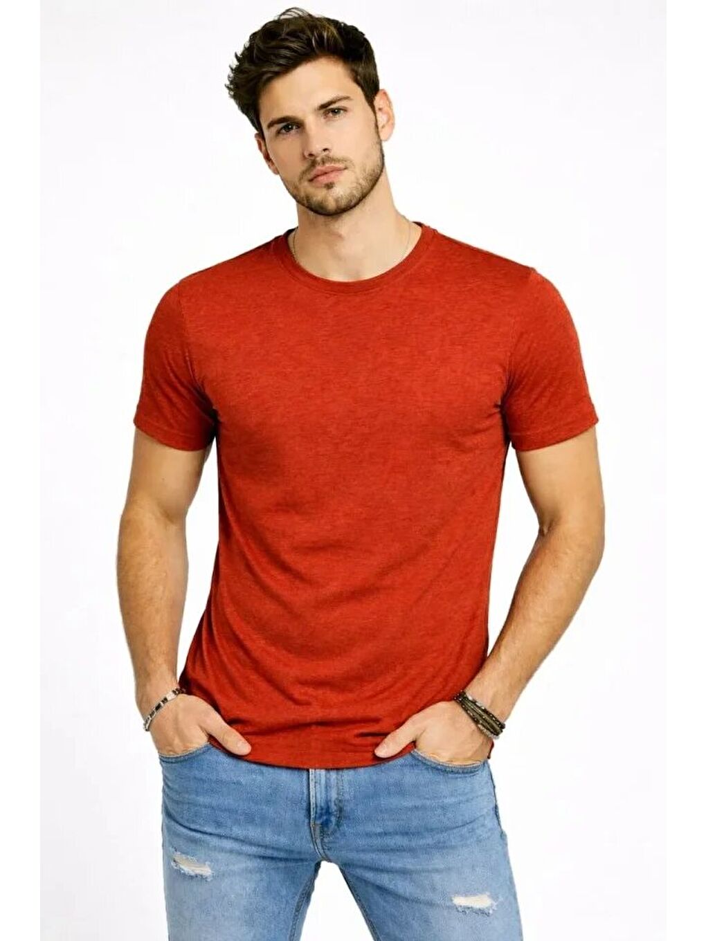 Kahverengi Erkek Flam Kumaş Melanj Dokulu Regular Fit Tişört-2