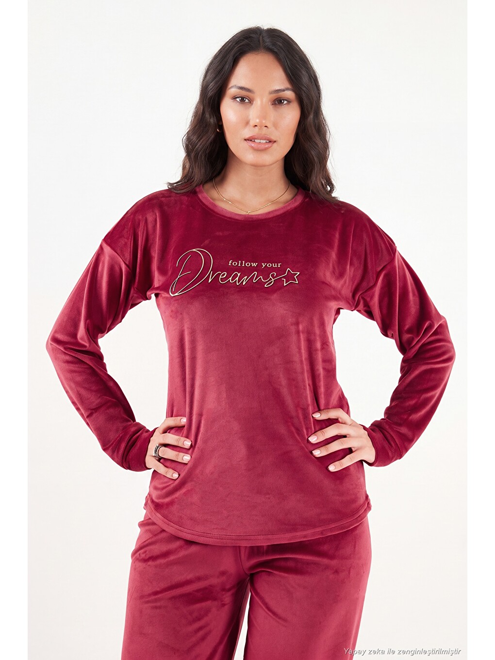 Bordo Bisiklet Yaka Yumuşak Dokulu Parlak Kadife Kadın Pijama Takımı 6094209-3