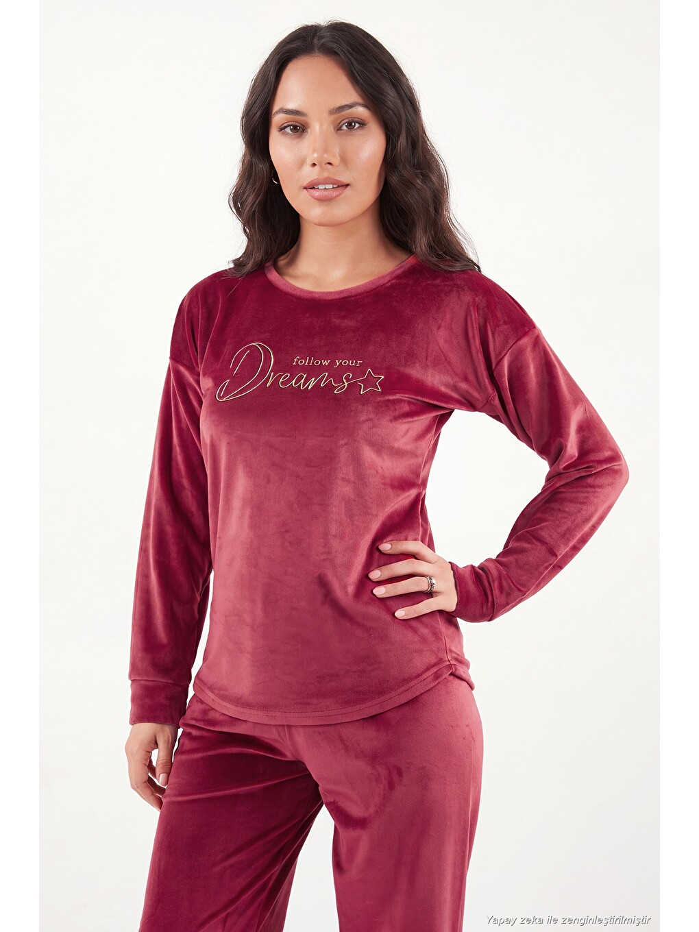 Bordo Bisiklet Yaka Yumuşak Dokulu Parlak Kadife Kadın Pijama Takımı 6094209-4