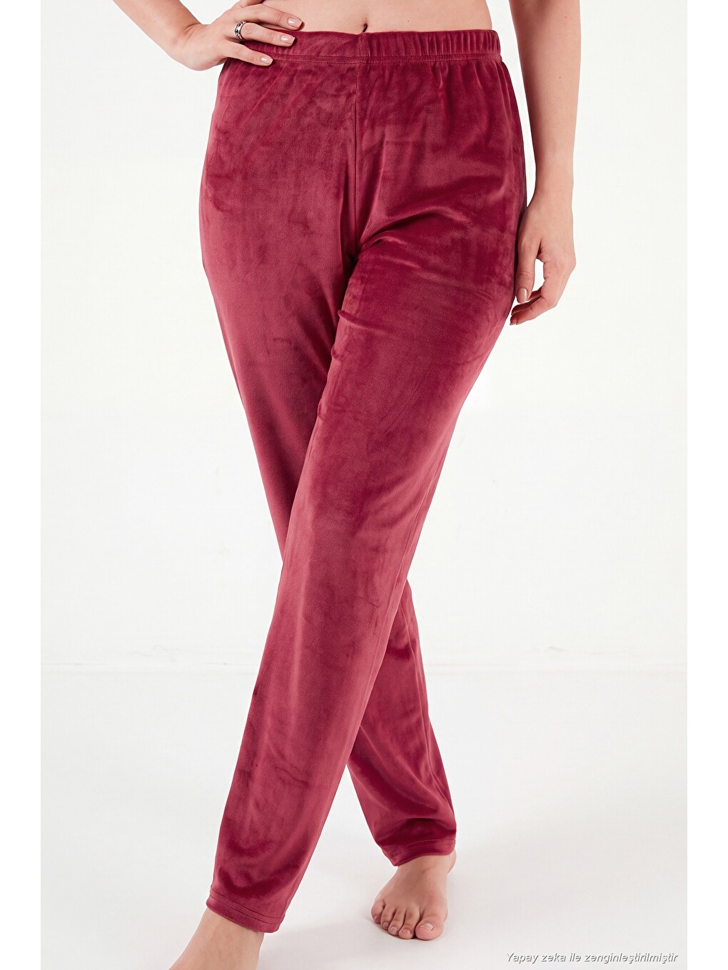 Bordo Bisiklet Yaka Yumuşak Dokulu Parlak Kadife Kadın Pijama Takımı 6094209-5
