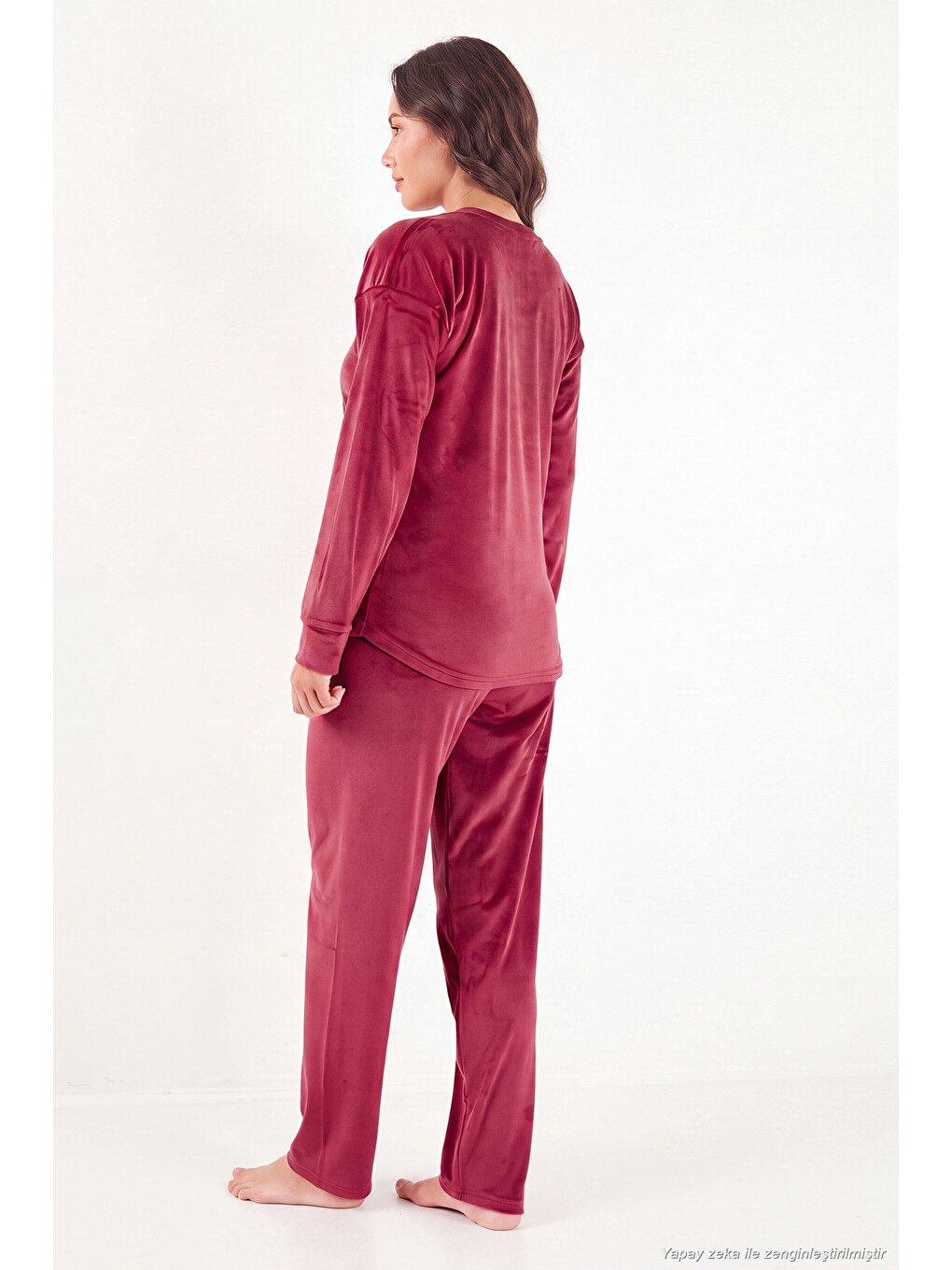 Bordo Bisiklet Yaka Yumuşak Dokulu Parlak Kadife Kadın Pijama Takımı 6094209-6