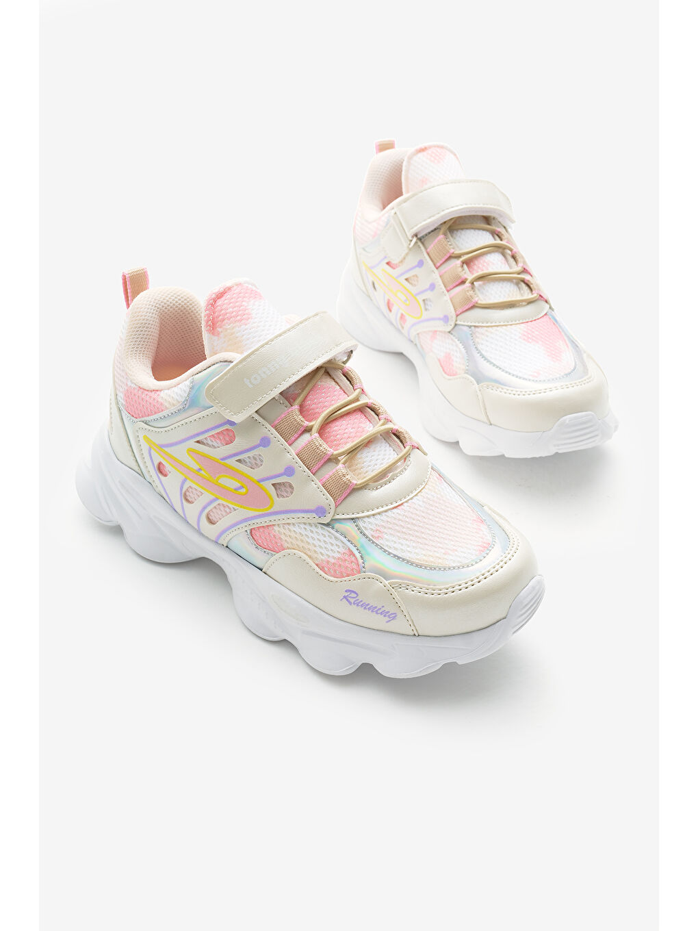 Ekru Çocuk Unisex Krem Faylon Taban Desenli Lastik Bağcıklı ve Cırtlı Spor Ayakkabı