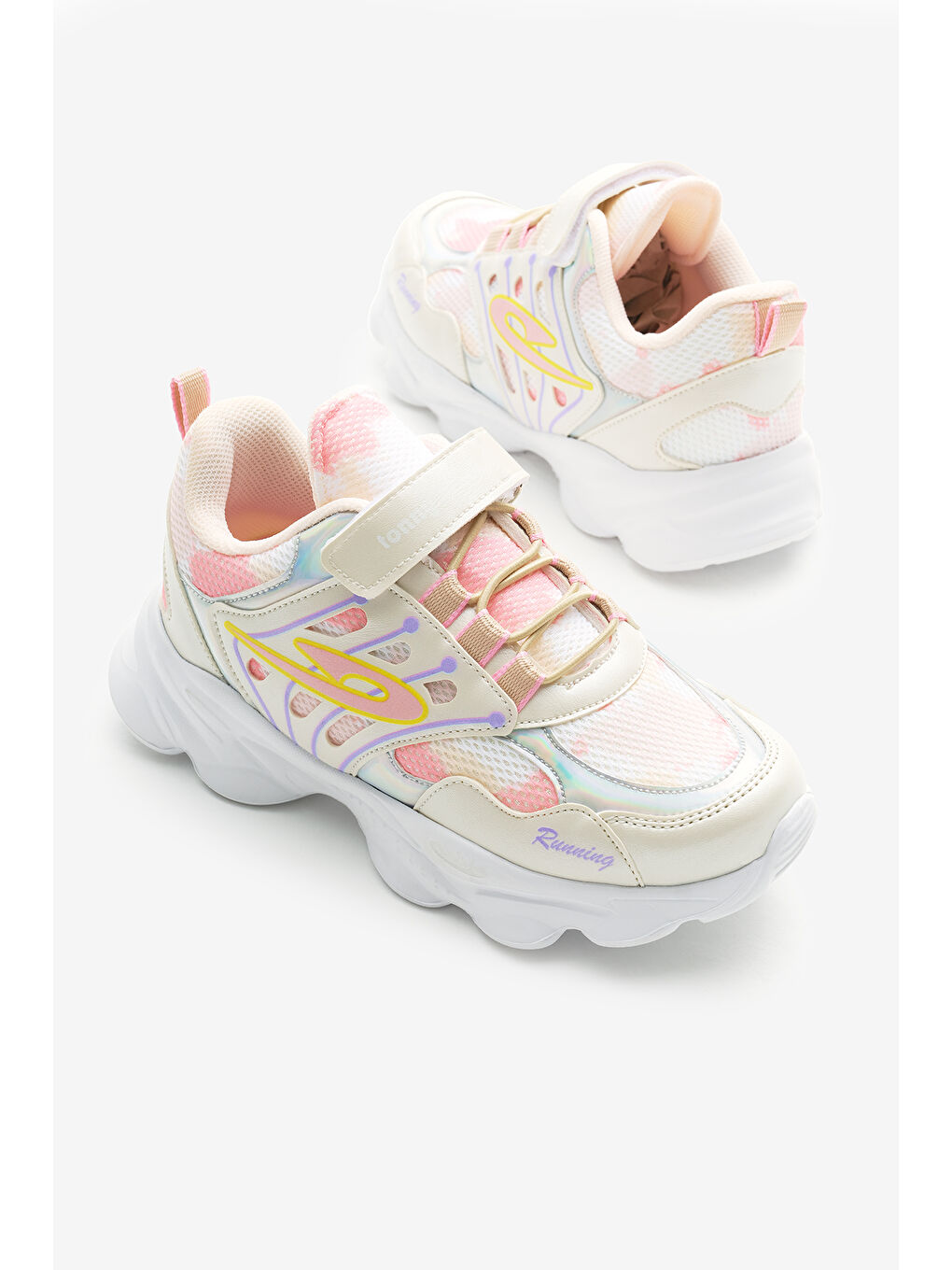 Ekru Çocuk Unisex Krem Faylon Taban Desenli Lastik Bağcıklı ve Cırtlı Spor Ayakkabı-2