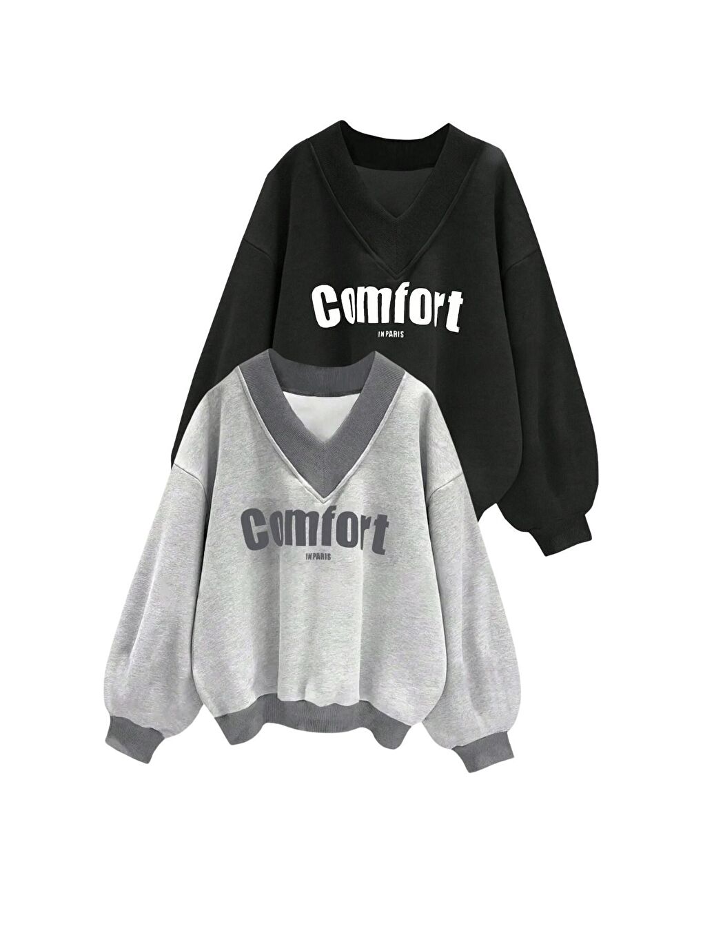 Trendseninle Gri Kadın Lightgri siyah 2 li Comfort In Paris Baskılı V Yaka Oversize Sweatshirt