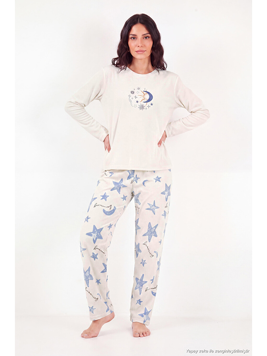 Ekru Desenli Yumuşak Dokulu Uzun Kollu Kadın Pijama Takımı 65750155-1