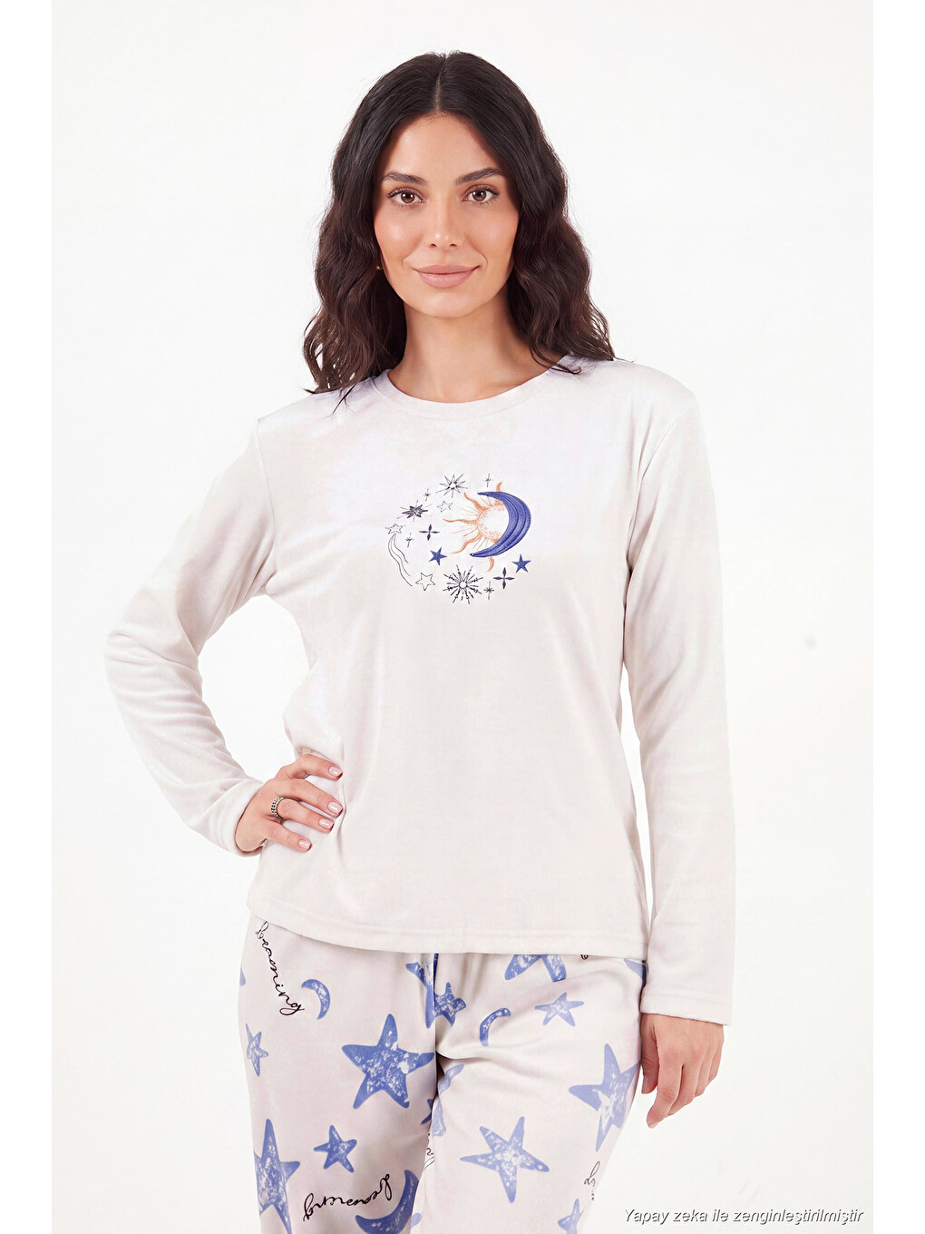 Ekru Desenli Yumuşak Dokulu Uzun Kollu Kadın Pijama Takımı 65750155-2