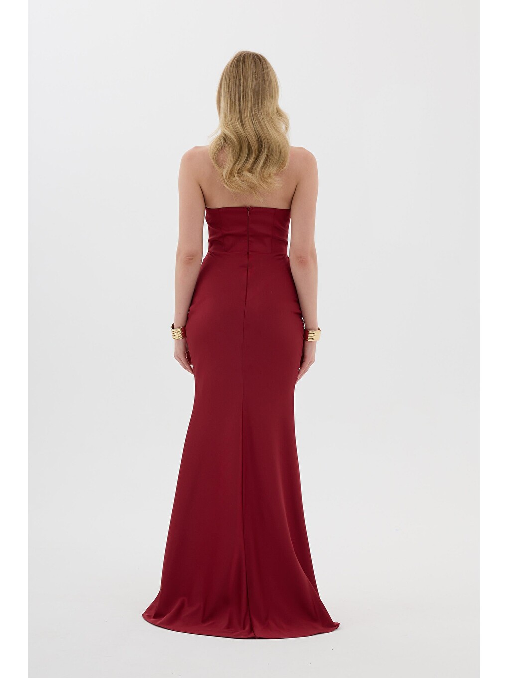 Bordo Straplez Uzun Saten Abiye Elbise-3