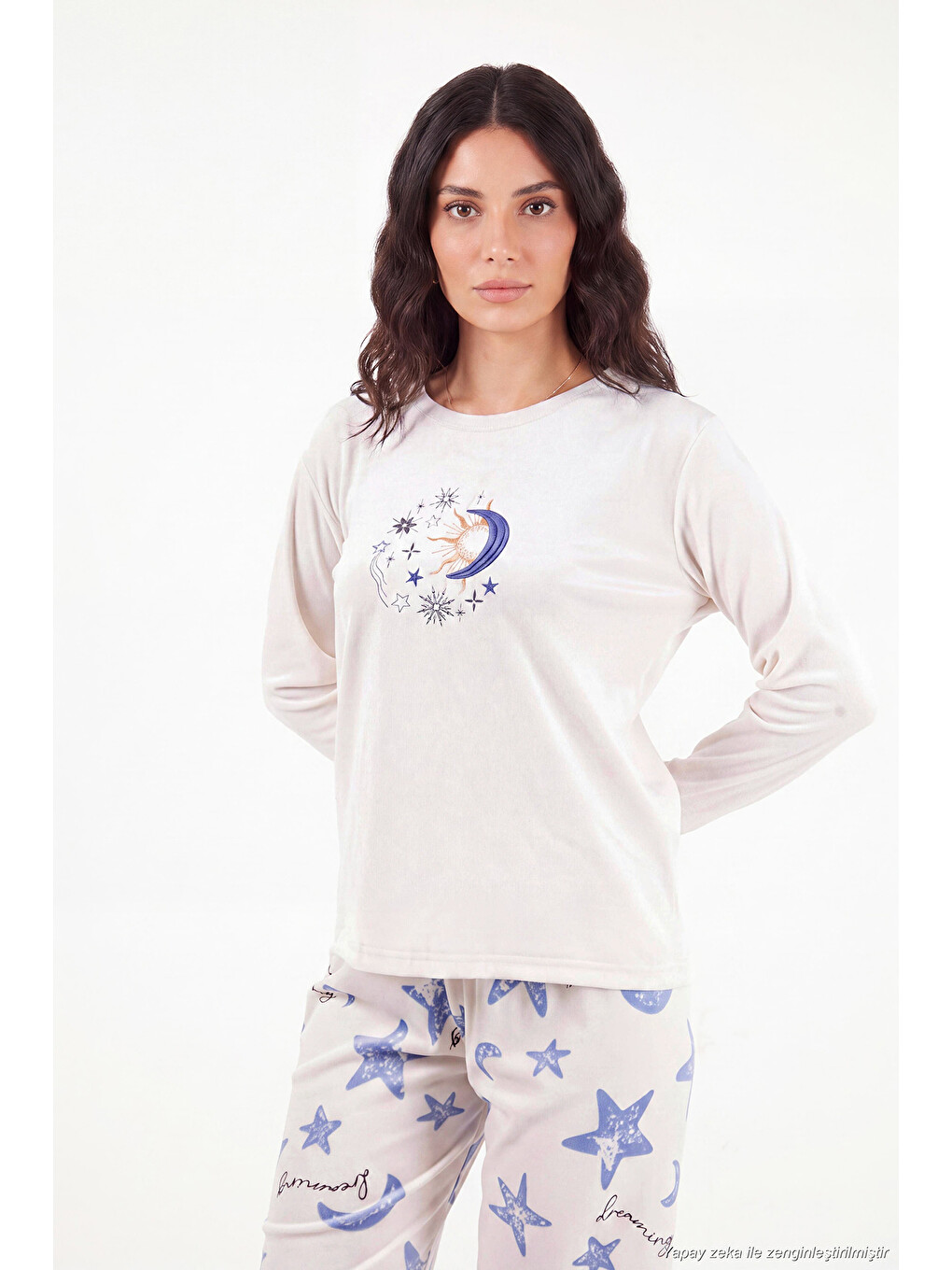 Ekru Desenli Yumuşak Dokulu Uzun Kollu Kadın Pijama Takımı 65750155-3