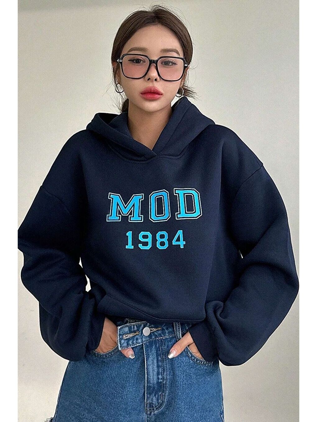 Trendseninle Lacivert Kadın Lacivert Mod 1984 Baskılı Oversize Kapüşonlu Sweatshirt Hoodie