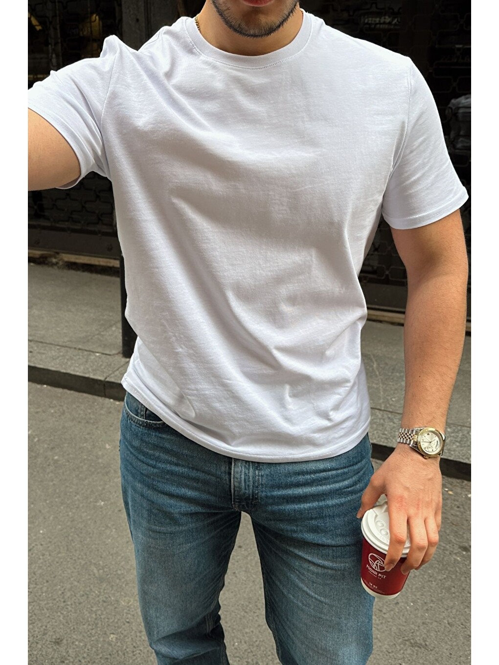 Beyaz Erkek Regular Fit Yüksek Kalite %100 Pamuk Basic Tişört 24/1-1