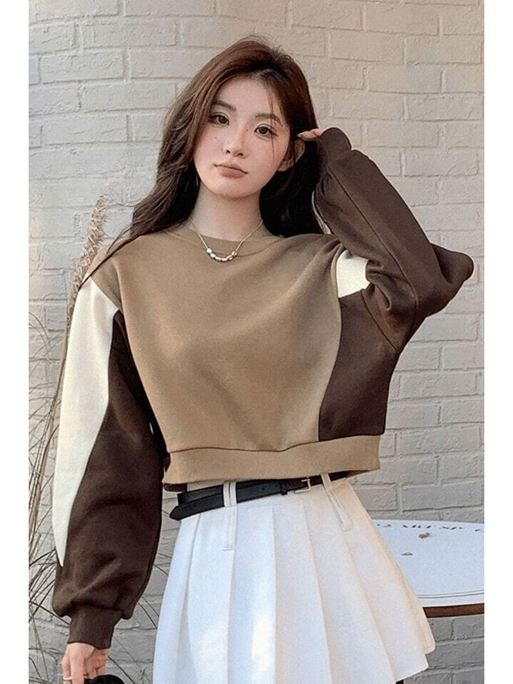 Trendseninle Vizon Kadın Vizon Blok Renkli Bel Crop Detay Bisiklet Yaka Oversize Sweatshirt