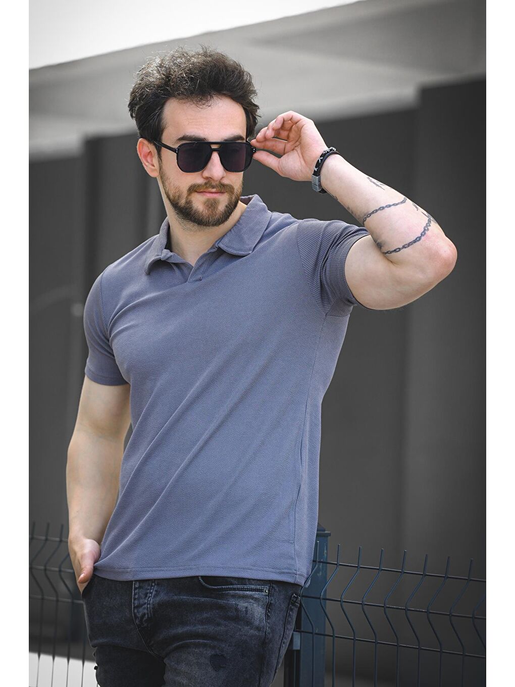 Gri Ht Peha Slim Fit Otoban Kumaş Apaç Yaka Erkek Tshirt