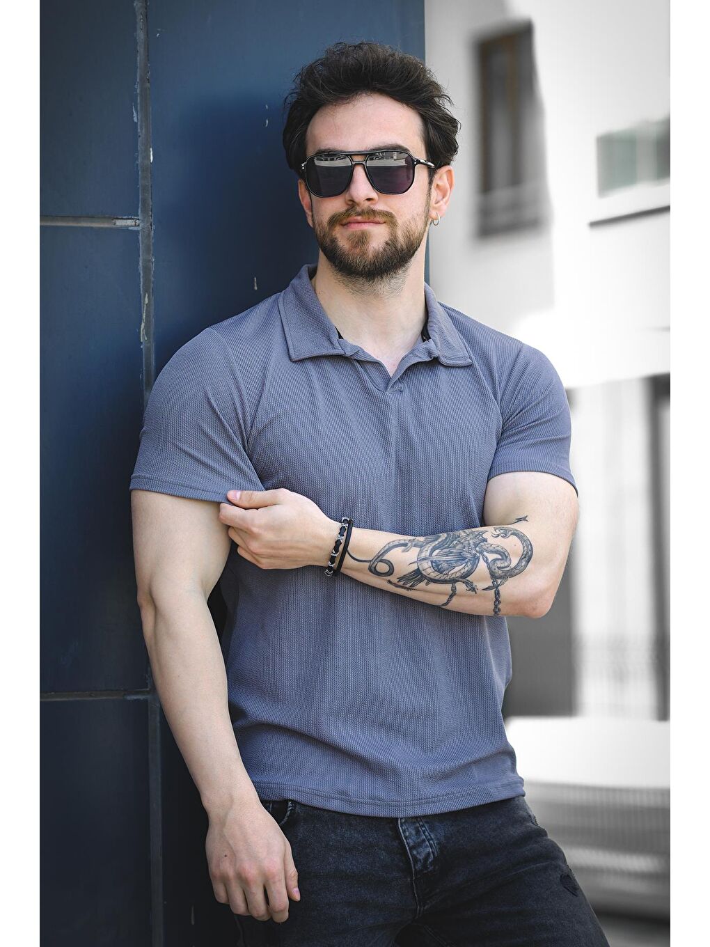 Gri Ht Peha Slim Fit Otoban Kumaş Apaç Yaka Erkek Tshirt-1