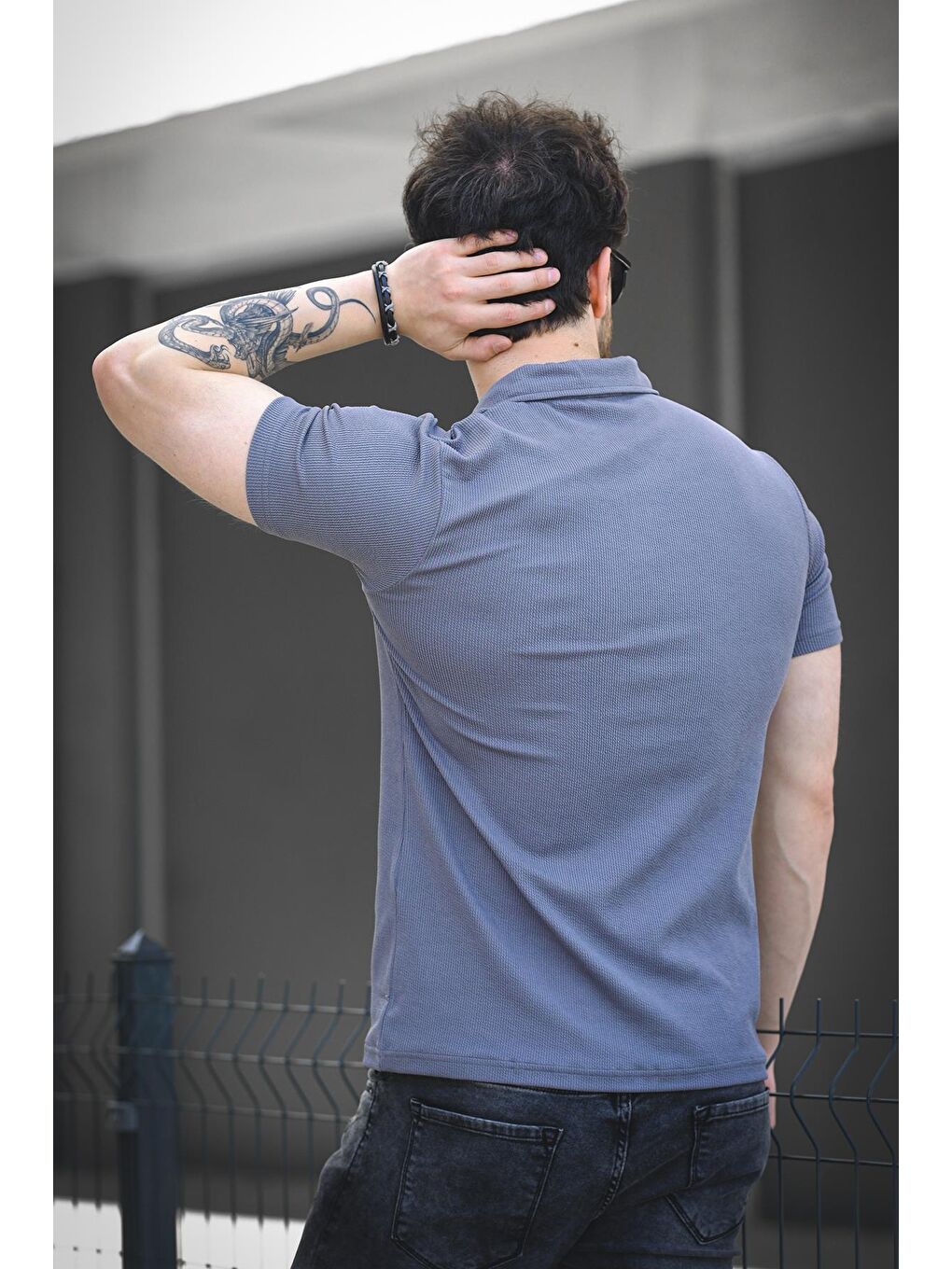 Gri Ht Peha Slim Fit Otoban Kumaş Apaç Yaka Erkek Tshirt-2