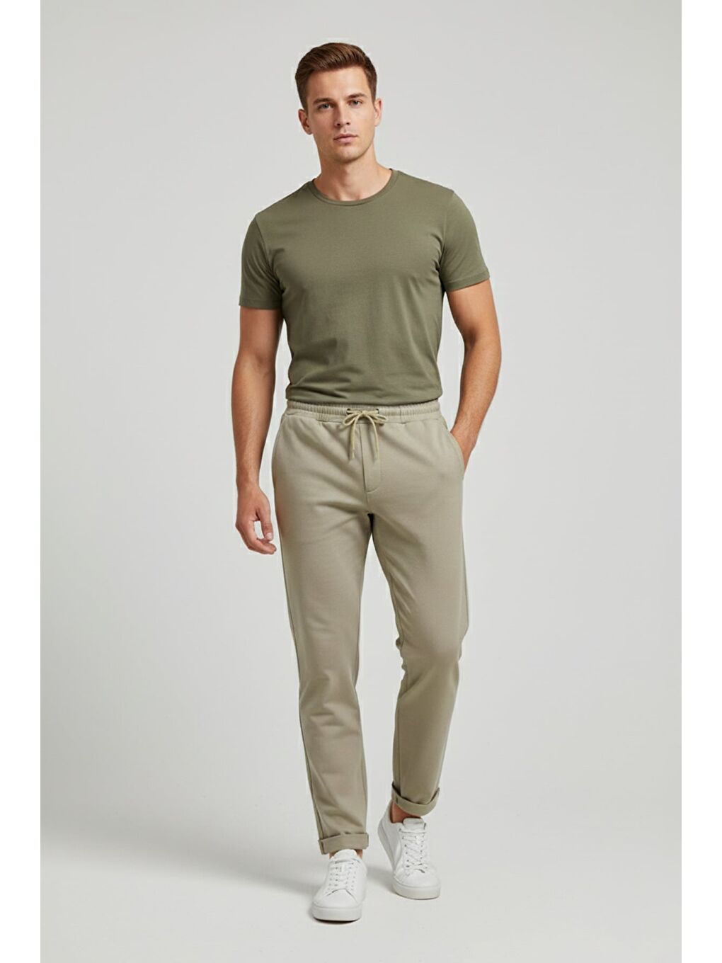 Bej Beli Bağlamalı Duble Paça Pantolon