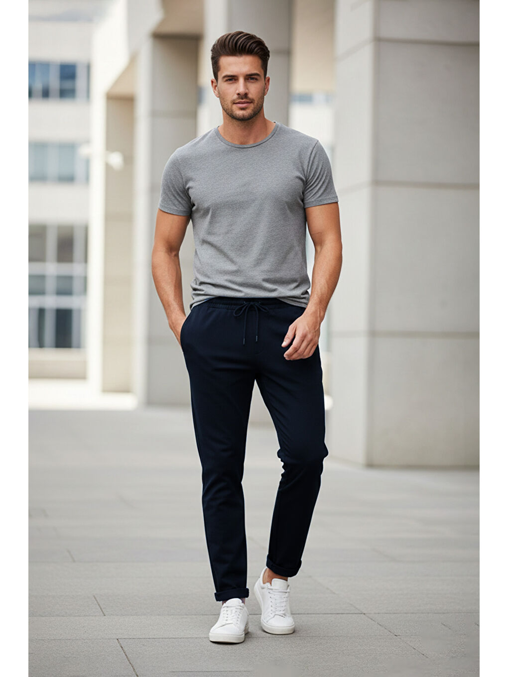 Lacivert Beli Bağlamalı Duble Paça Pantolon