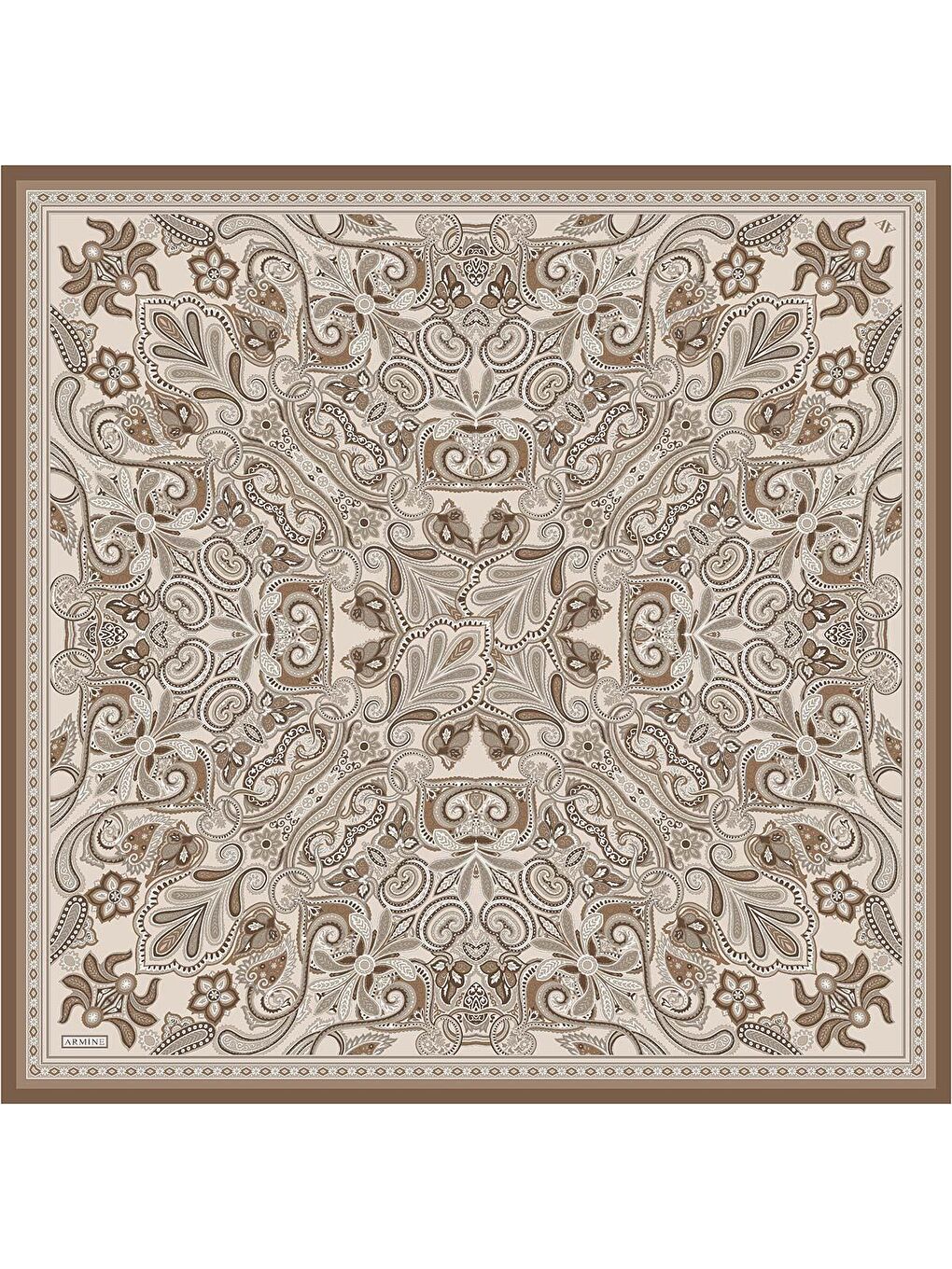 Kahverengi Etnik Desen Saf İpek Twill Eşarp 9421D 04-3