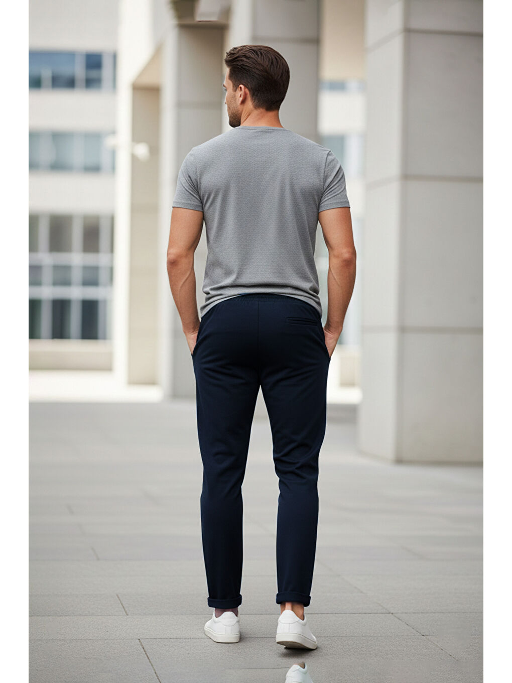 Lacivert Beli Bağlamalı Duble Paça Pantolon-1