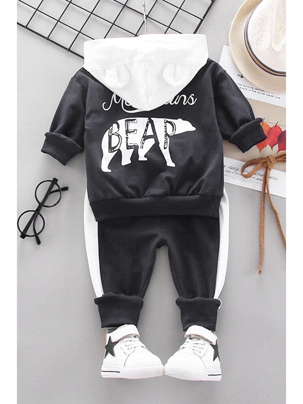 Siyah Bear Baskılı 2'li Unisex Bebek Takım