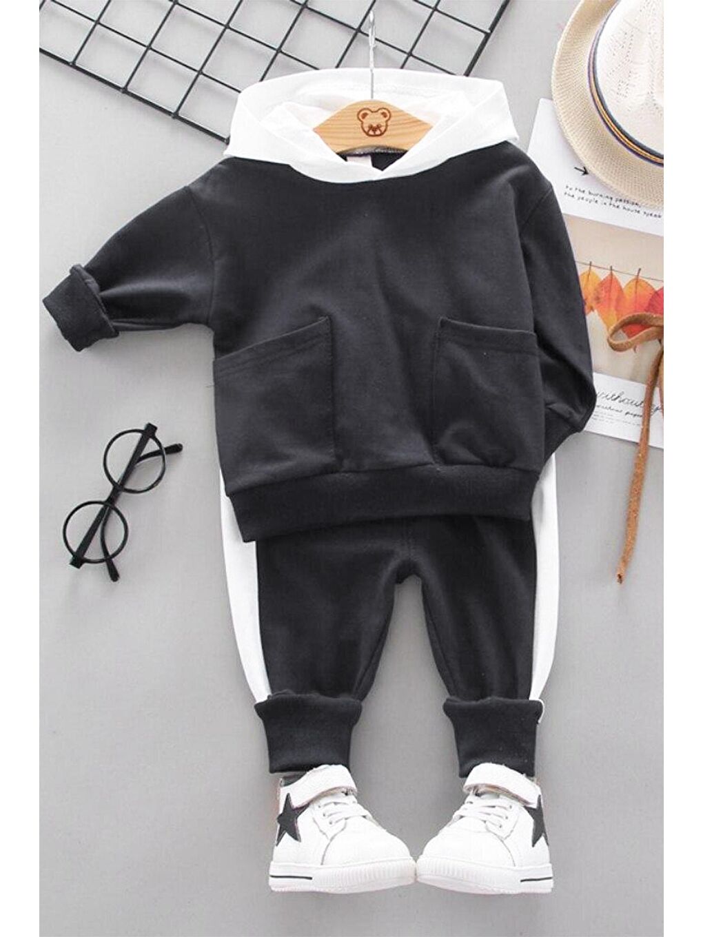 Siyah Bear Baskılı 2'li Unisex Bebek Takım-1