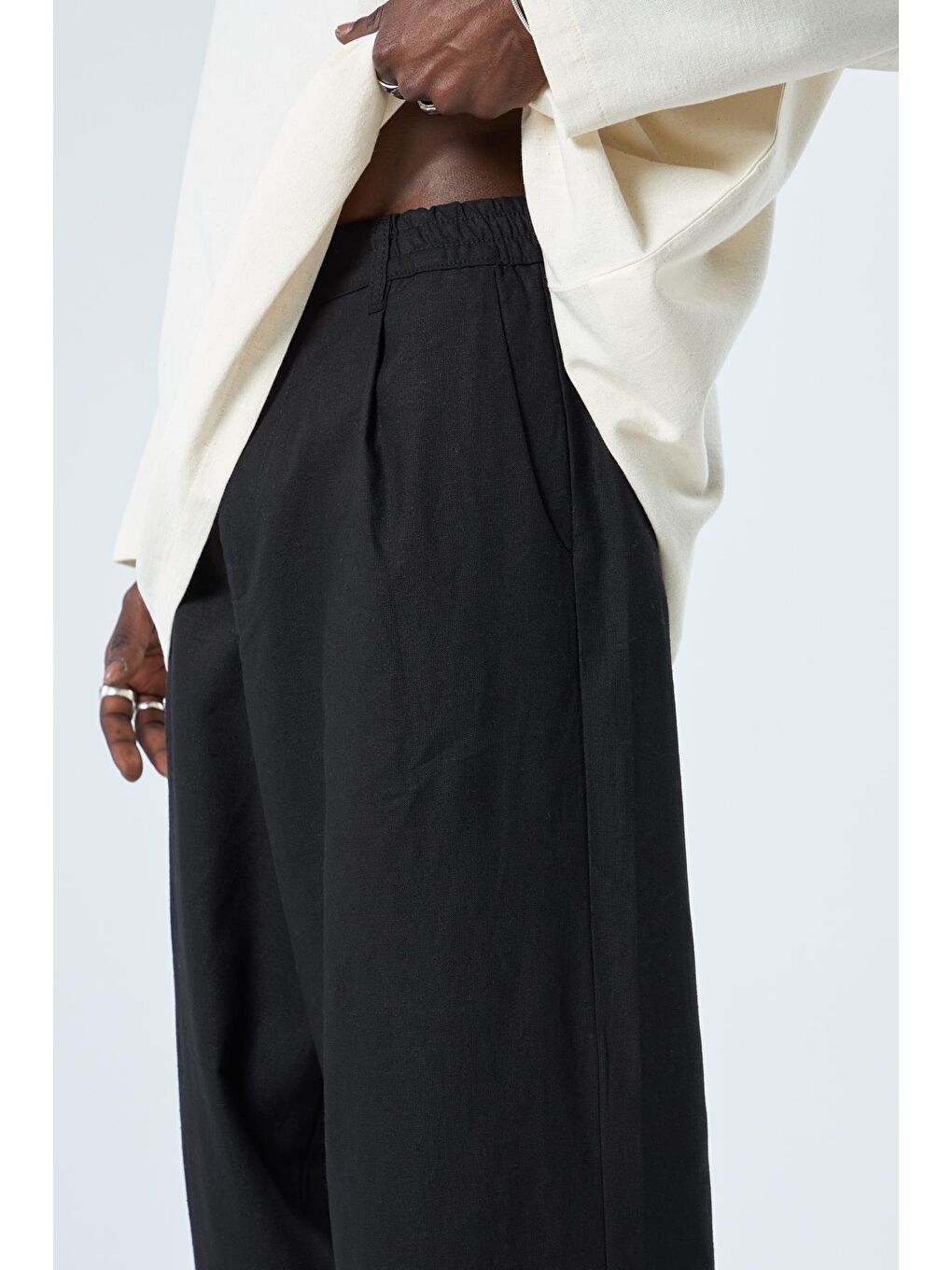 %100 Keten Baggy Pantolon Siyah-4