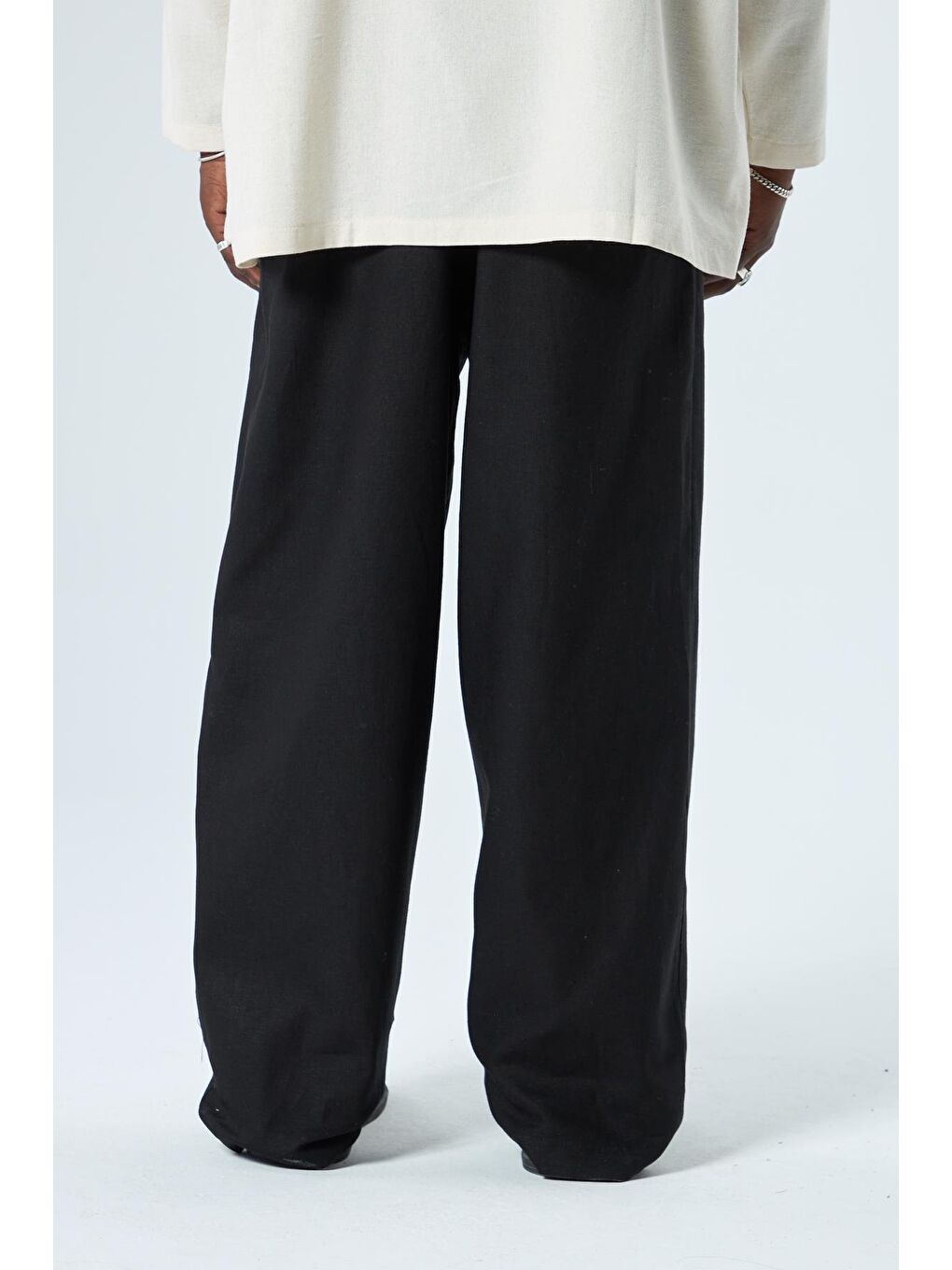 %100 Keten Baggy Pantolon Siyah-9