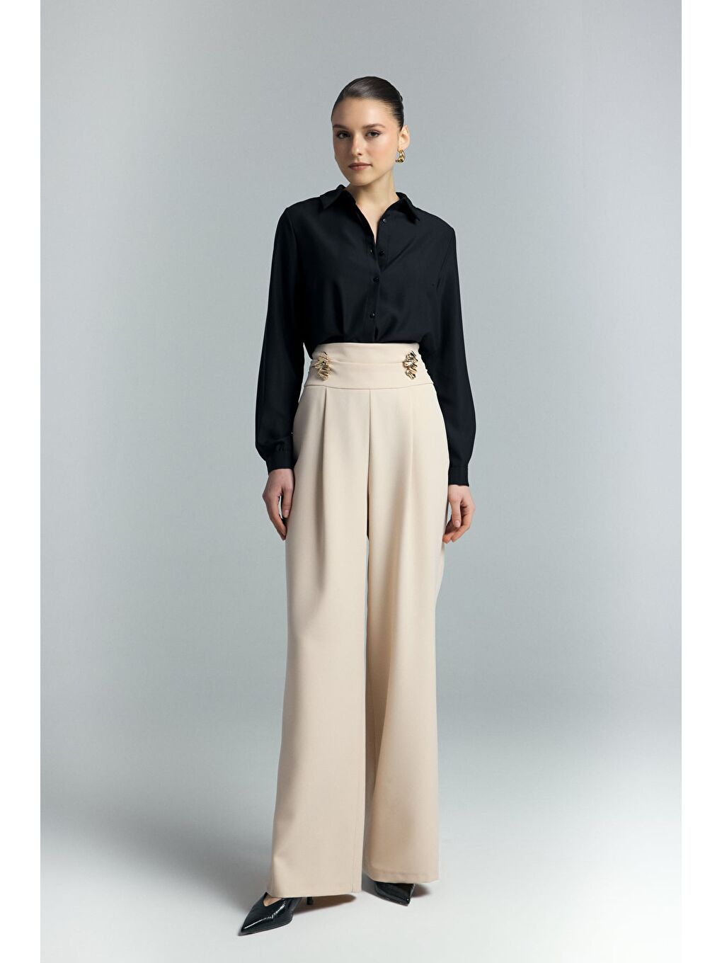 Bel Aksesuarlı Pantolon - Bej-3