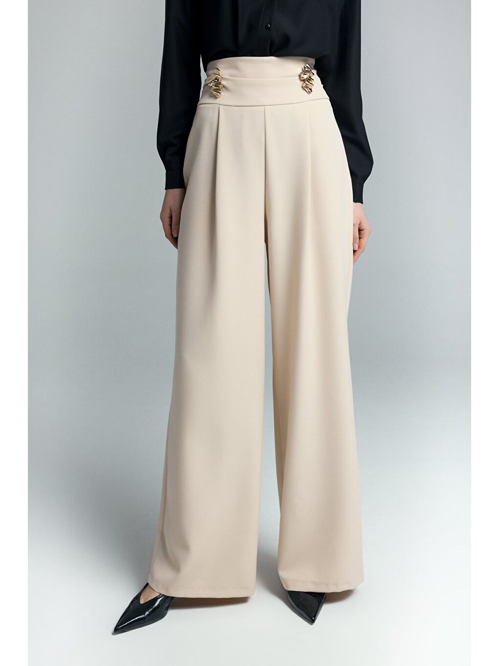 Bel Aksesuarlı Pantolon - Bej-4