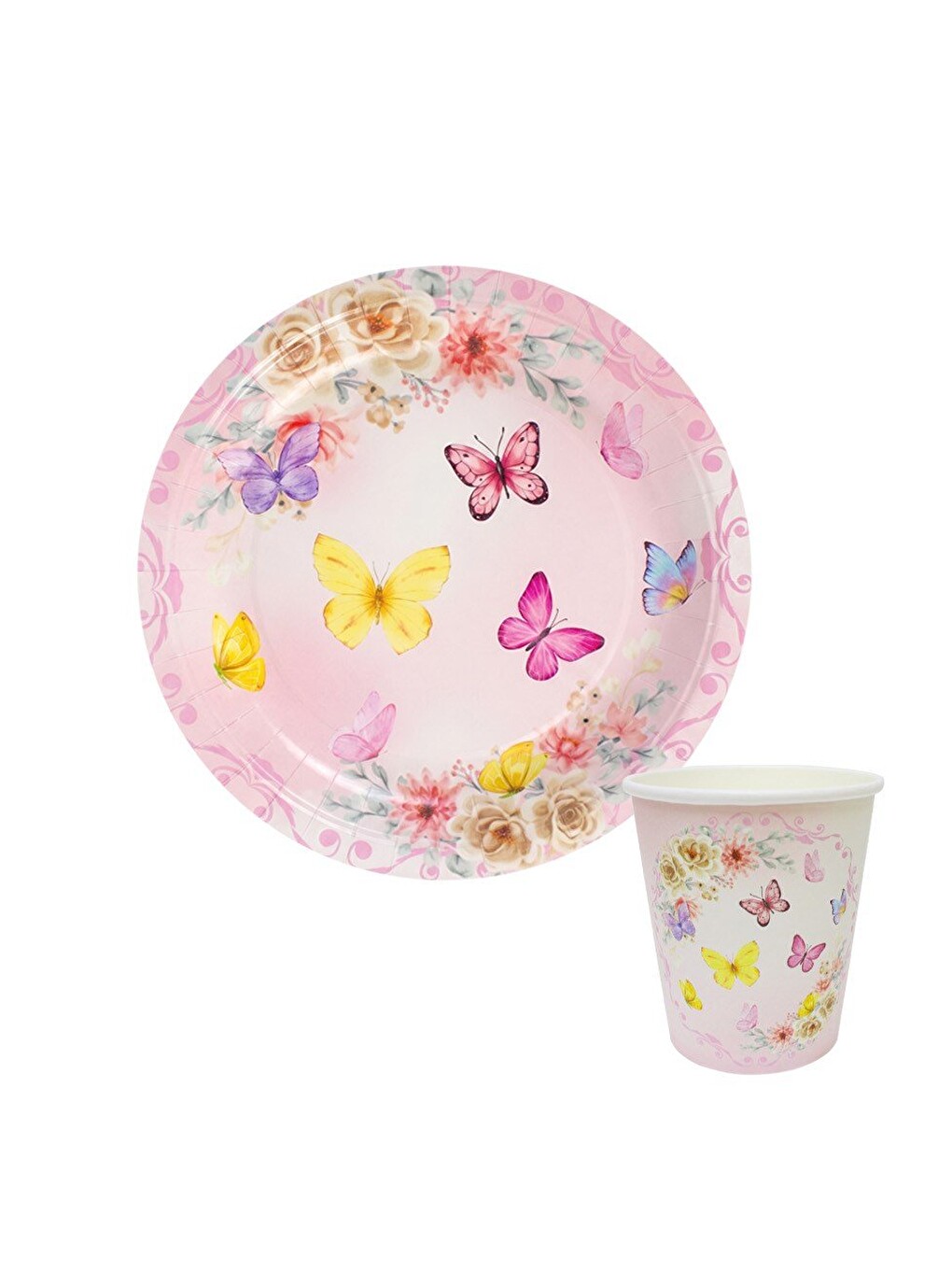 Pembe Kelebek Temalı Doğum Günü Parti Seti – Kağıt Tabak & Bardak Set 8'li-1