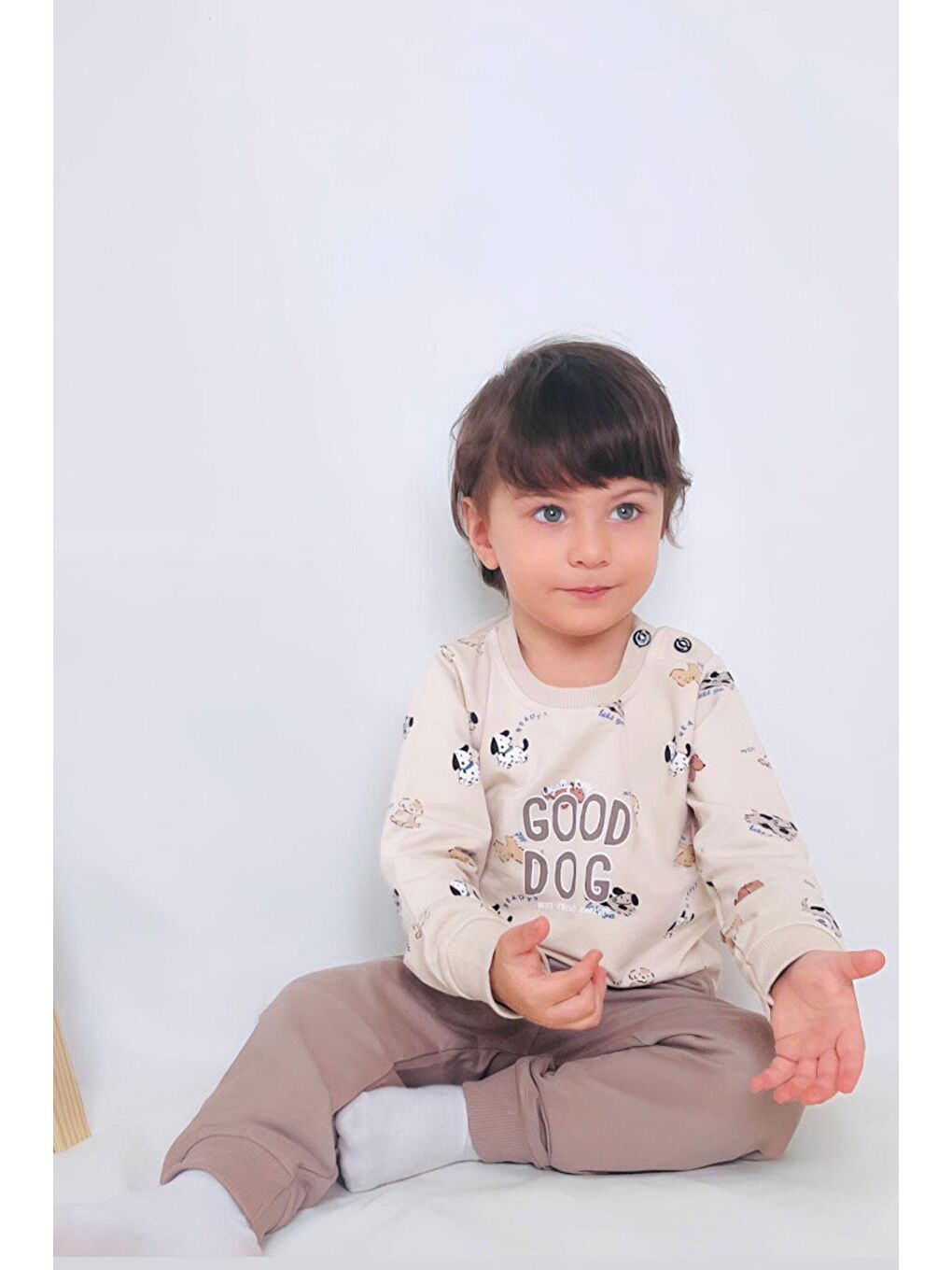 Erkek Bebek Eşofman Takımı Sevimli Köpekçikler Desenli Bej (9 Ay-3 Yaş)-1