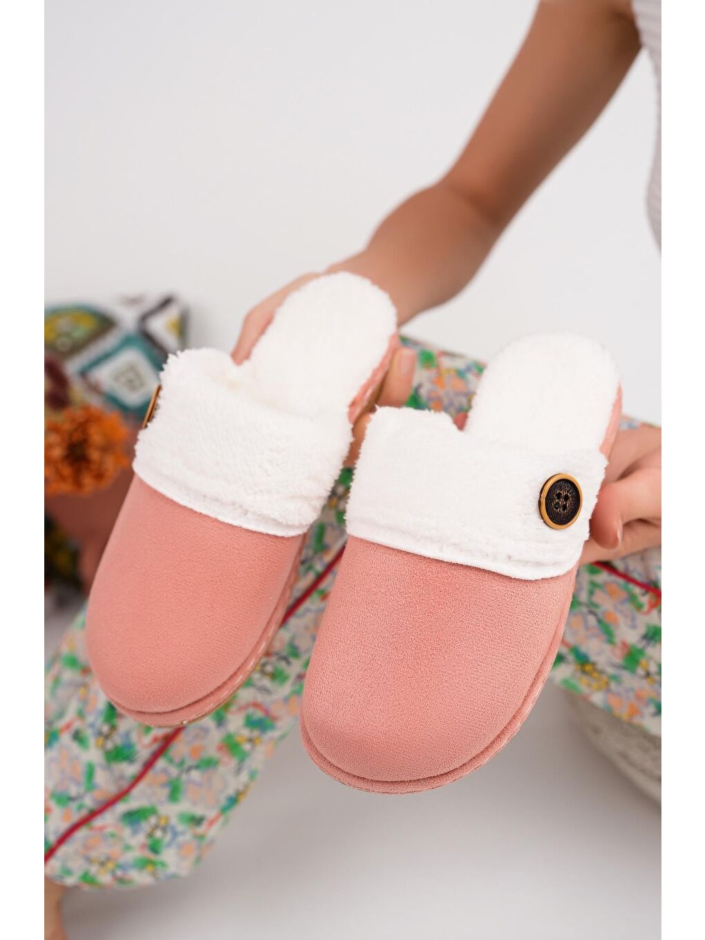 Pembe CARMEN Kadın Ev Terliği Kışlık Topuklu Terlik-2