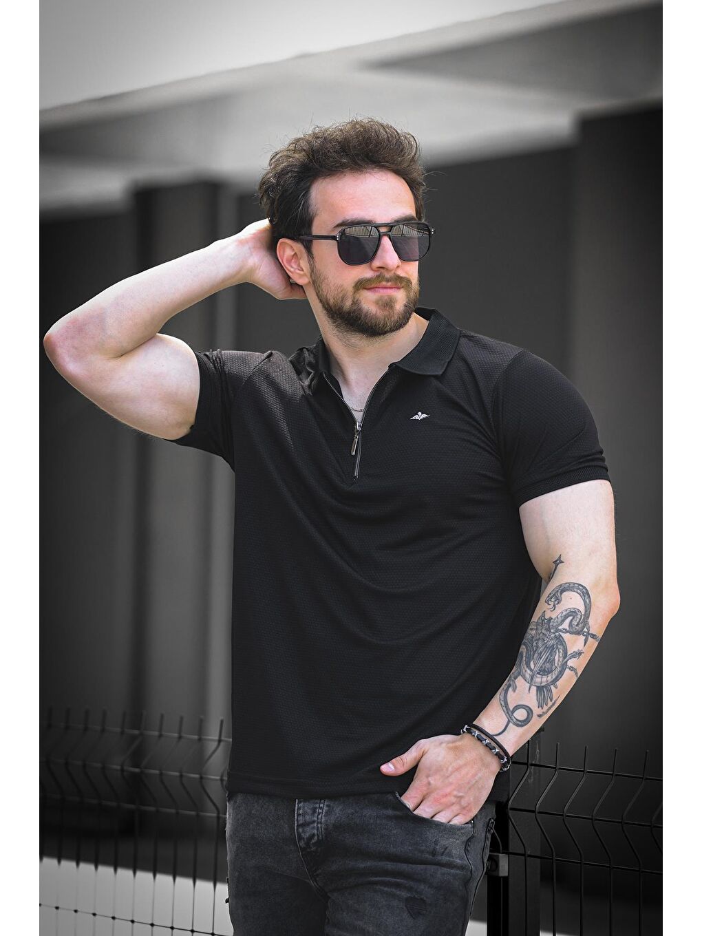 Siyah Zack Polo Yaka Petek Kumaş Yarım Fermuarlı Erkek Tshirt