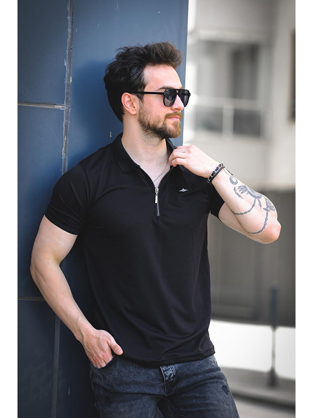 Siyah Zack Polo Yaka Petek Kumaş Yarım Fermuarlı Erkek Tshirt-1