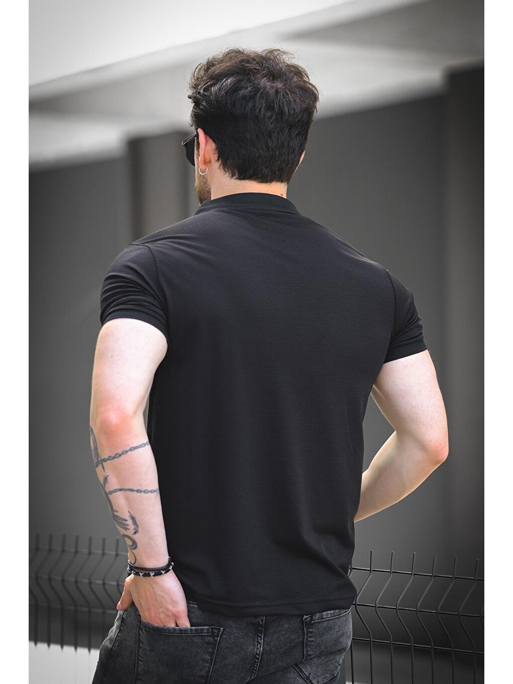 Siyah Zack Polo Yaka Petek Kumaş Yarım Fermuarlı Erkek Tshirt-2