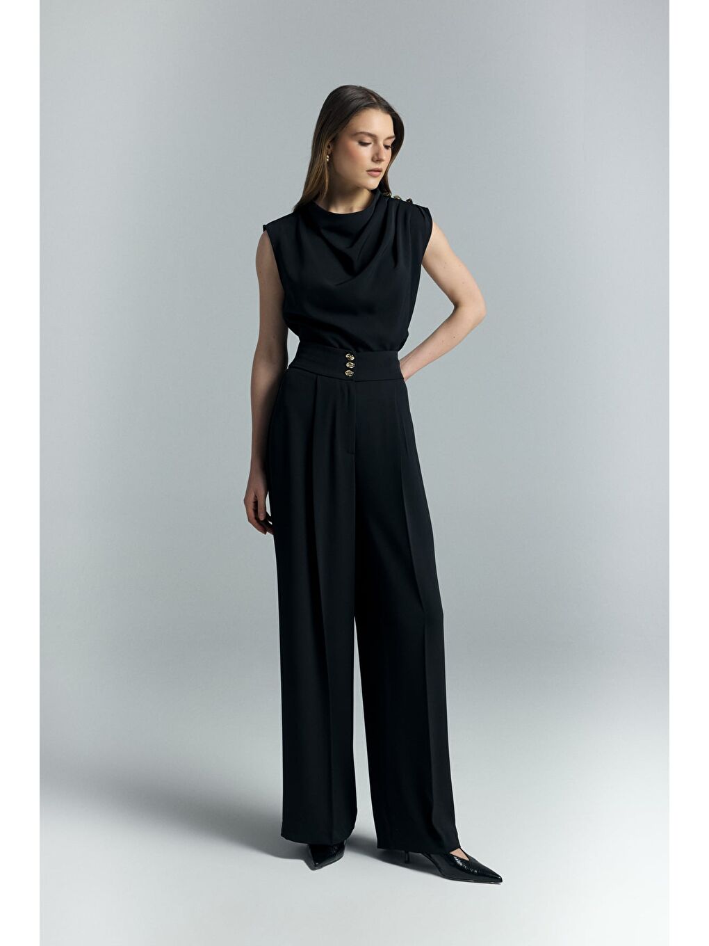 Talia Düğme Detaylı Pantolon - Siyah-2