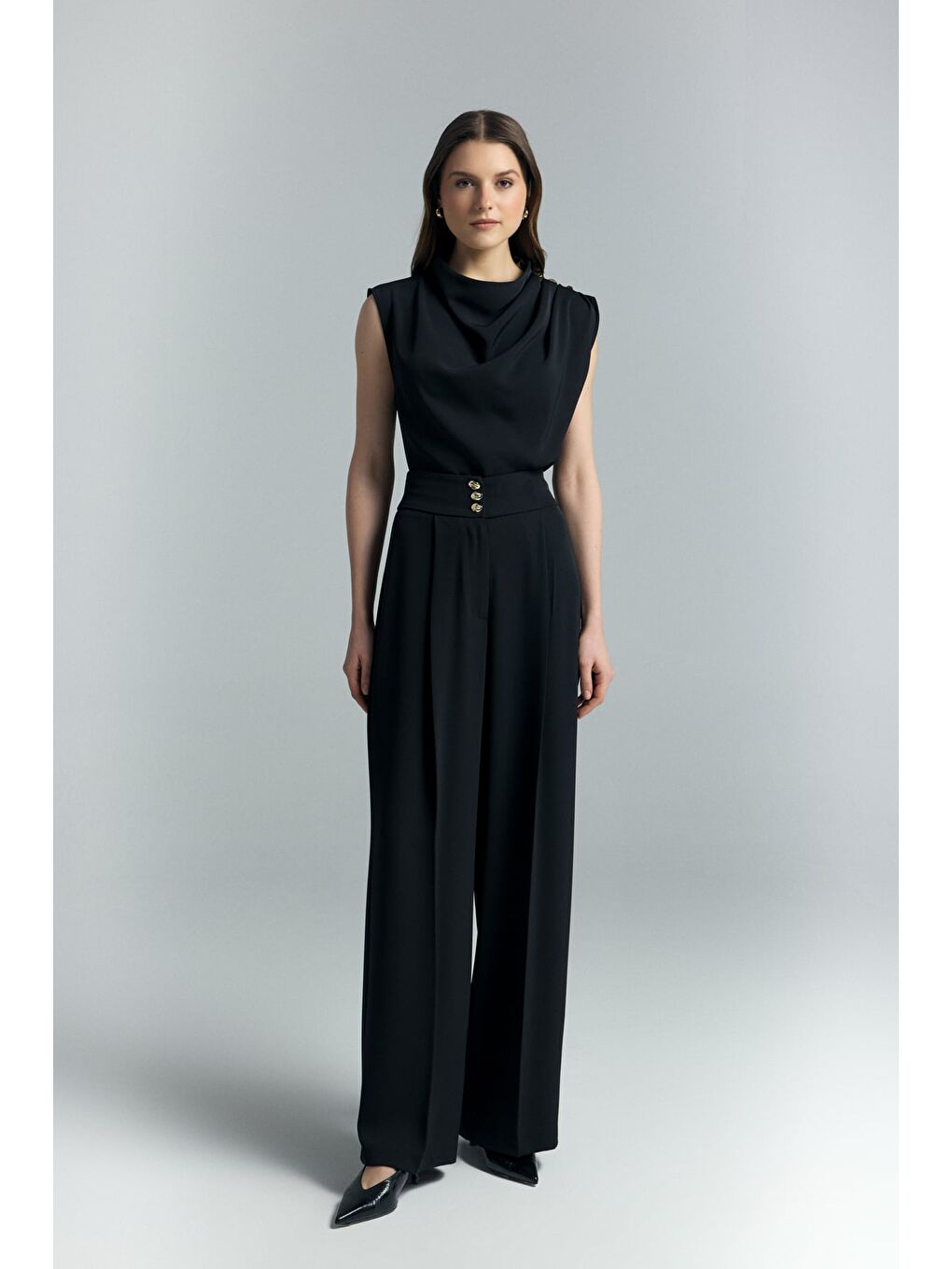 Talia Düğme Detaylı Pantolon - Siyah-3