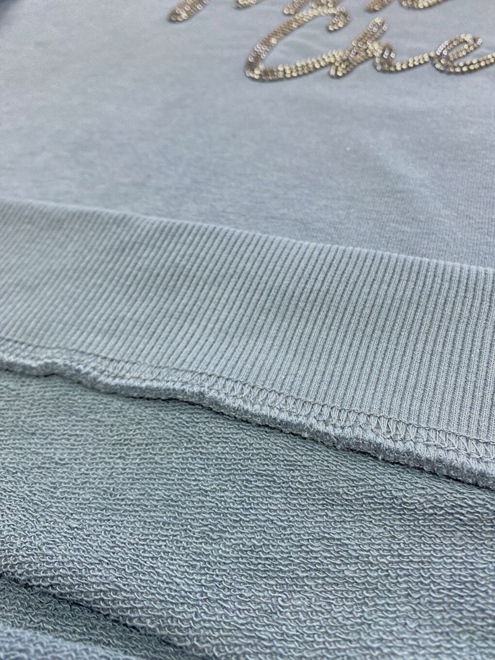 Gri Kadın Pamuklu Kalın Kışlık Boncuk İşlemeli Yüksek Kalite Ribana Kol Sweatshirt-3