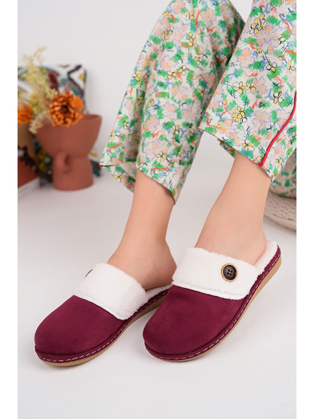 Bordo CARMEN Kadın Ev Terliği Kışlık Topuklu Terlik-1