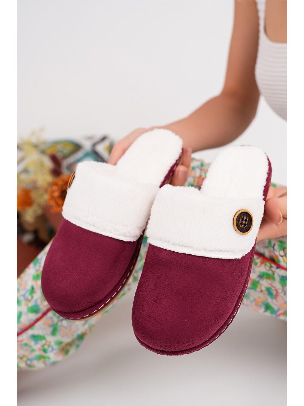 Bordo CARMEN Kadın Ev Terliği Kışlık Topuklu Terlik-2