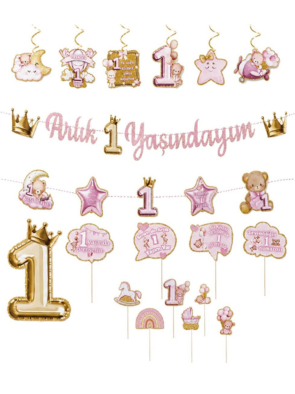 1 Yaş Temalı Kız Bebek Doğum Günü Seti Parti Paketi Pembe Gold-1