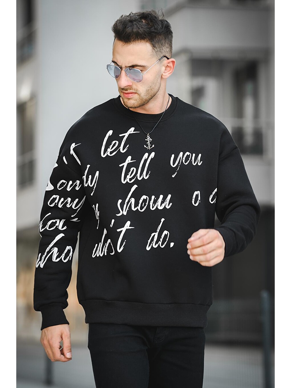Siyah Üç İplik Şardonlu Baskılı Bisiklet Yaka Erkek Sweatshirt