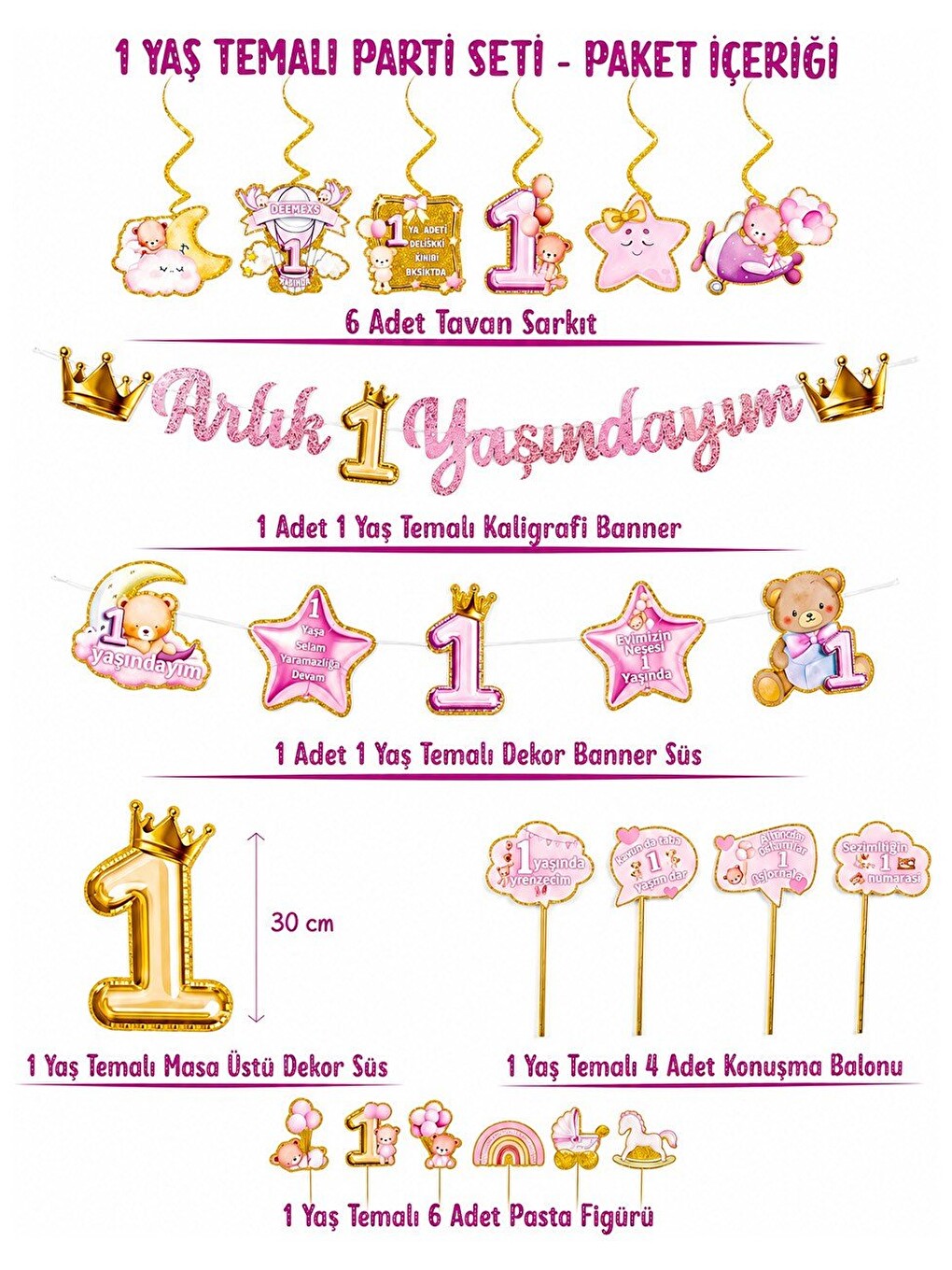 1 Yaş Temalı Kız Bebek Doğum Günü Seti Parti Paketi Pembe Gold-2