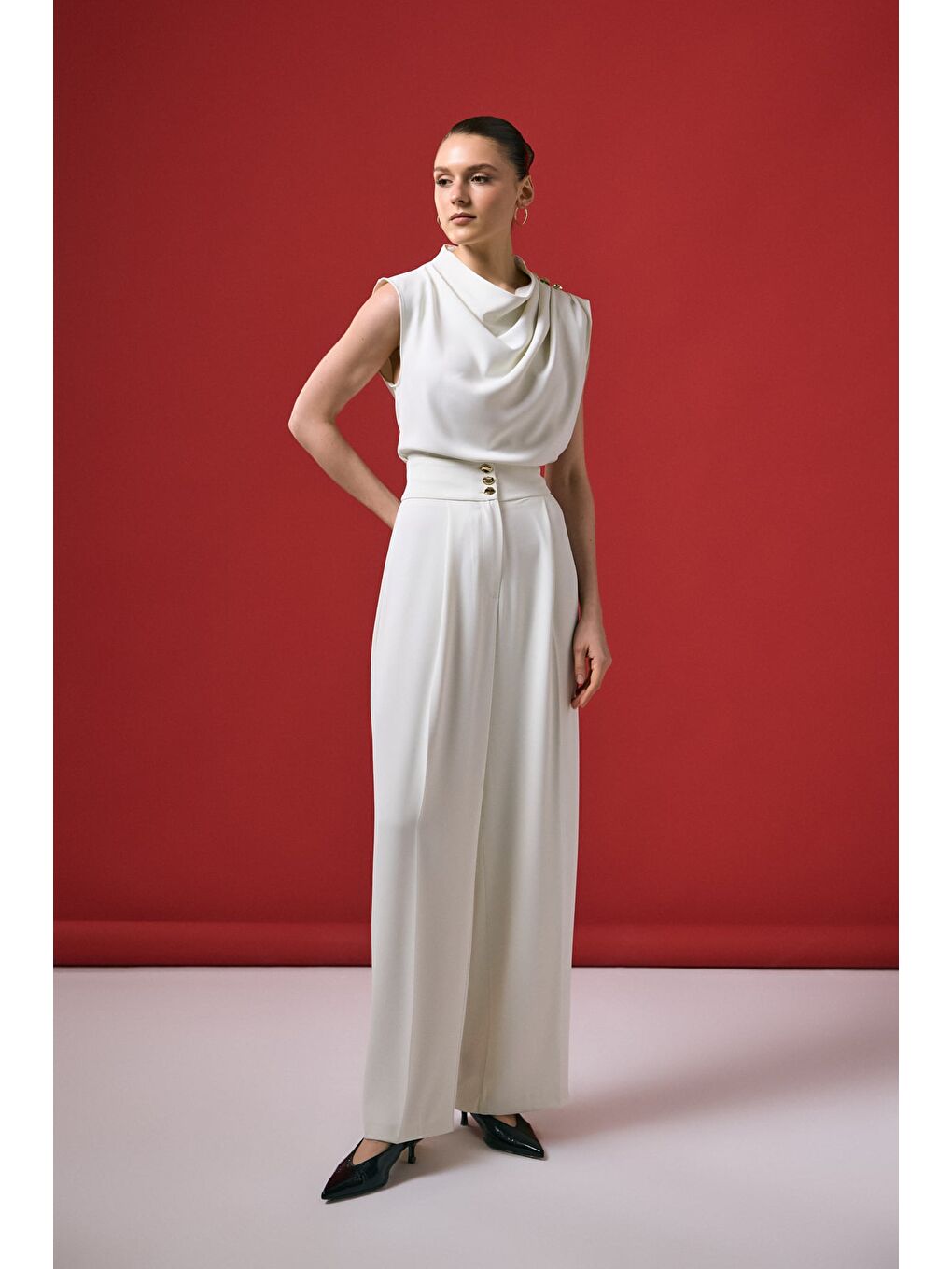 Talia Düğme Detaylı Pantolon - Ekru-1