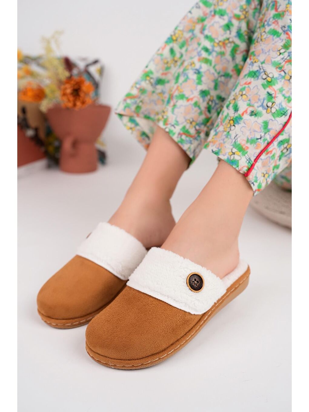 Kahverengi CARMEN Kadın Ev Terliği Kışlık Topuklu Terlik