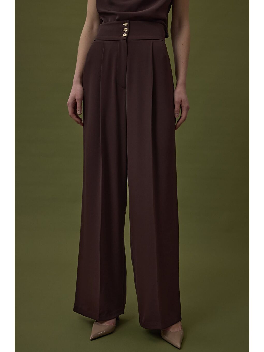 Kahverengi Talia Düğme Detaylı Pantolon - Kahve-4