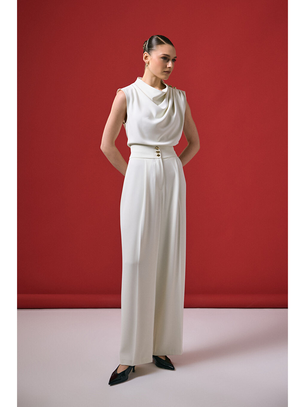 Talia Düğme Detaylı Pantolon - Ekru-2