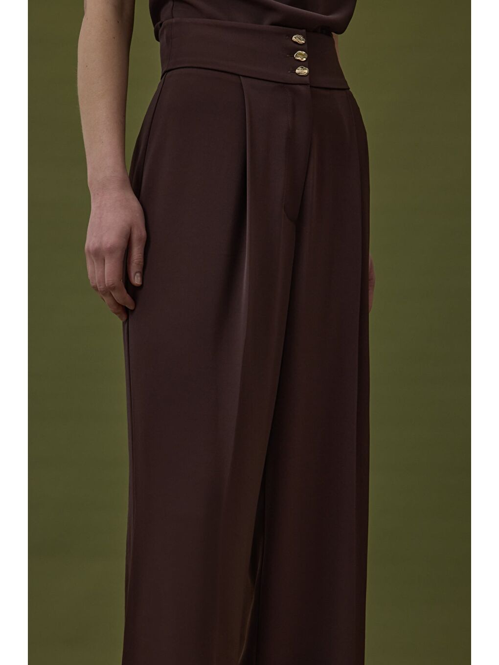 Kahverengi Talia Düğme Detaylı Pantolon - Kahve-5