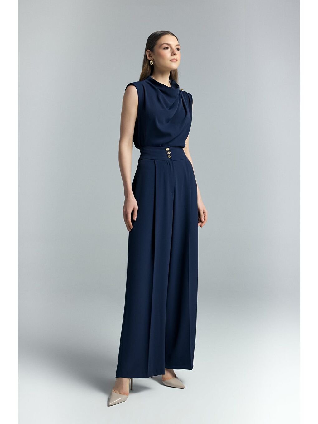 Talia Düğme Detaylı Pantolon - Lacivert-1